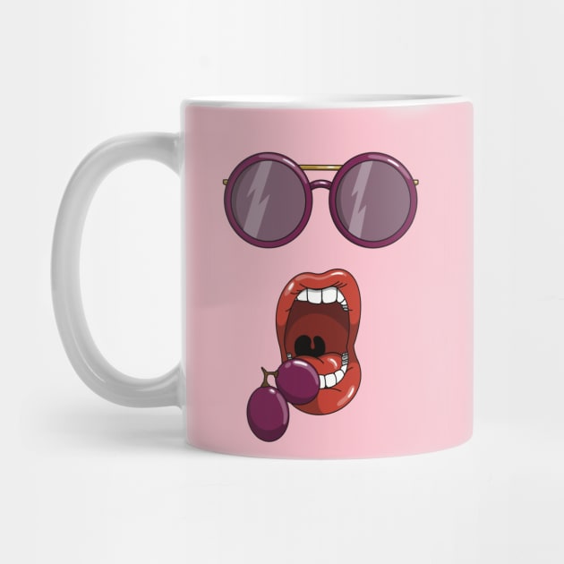 Mouth about to eat a two purple grapes while wearing matching purple sun glasses. by Fruit Tee